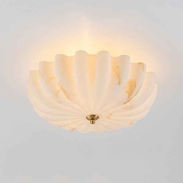 3-Light Marble Veined Glass Floral Scalloped Semi-flush Mount