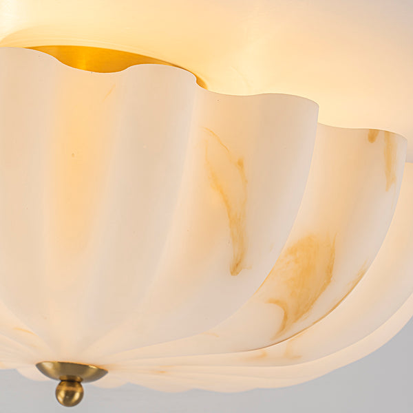 3-Light Marble Veined Glass Floral Scalloped Semi-flush Mount