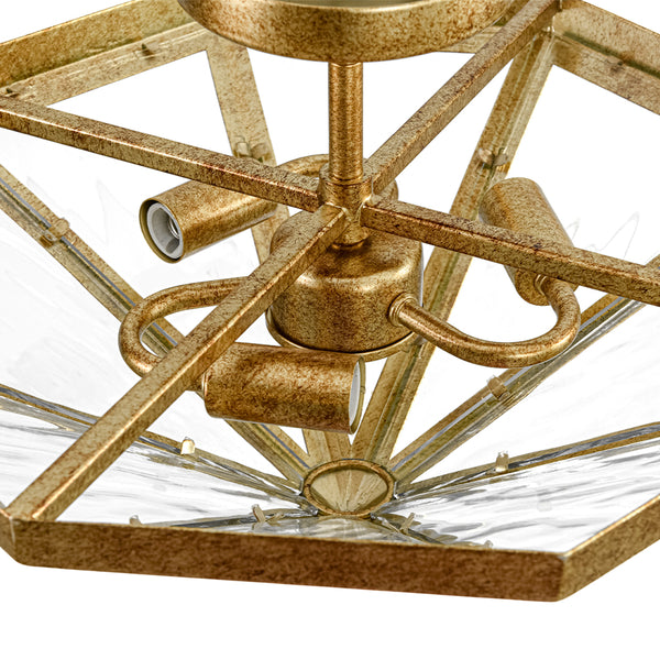 3-Light Rusty Gold Ripple Glass Pyramid Semi-flush Mount