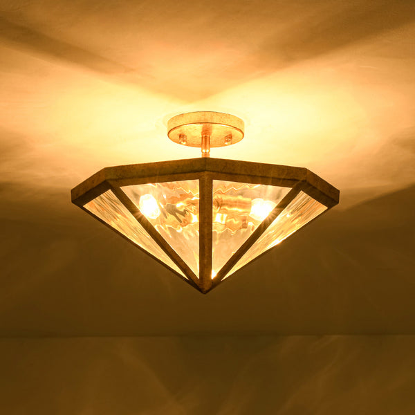 3-Light Rusty Gold Ripple Glass Pyramid Semi-flush Mount