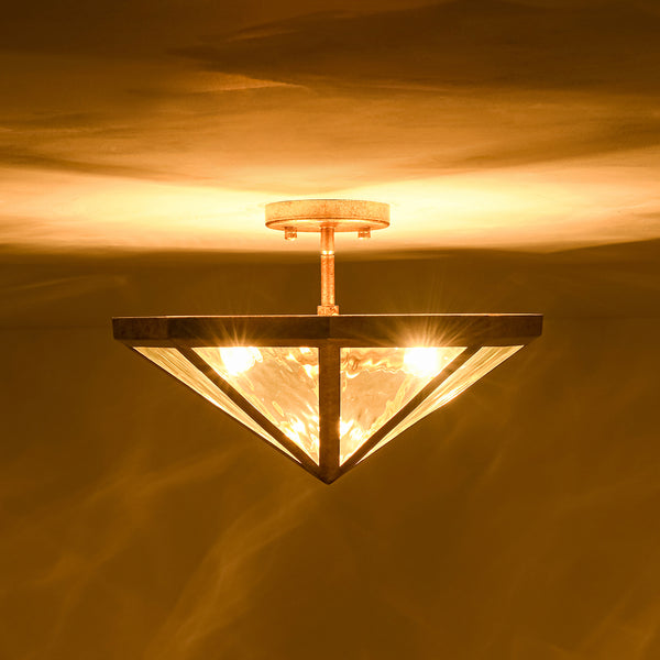 3-Light Rusty Gold Ripple Glass Pyramid Semi-flush Mount