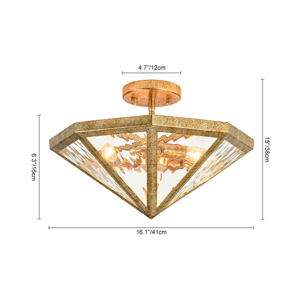 3-Light Rusty Gold Ripple Glass Pyramid Semi-flush Mount
