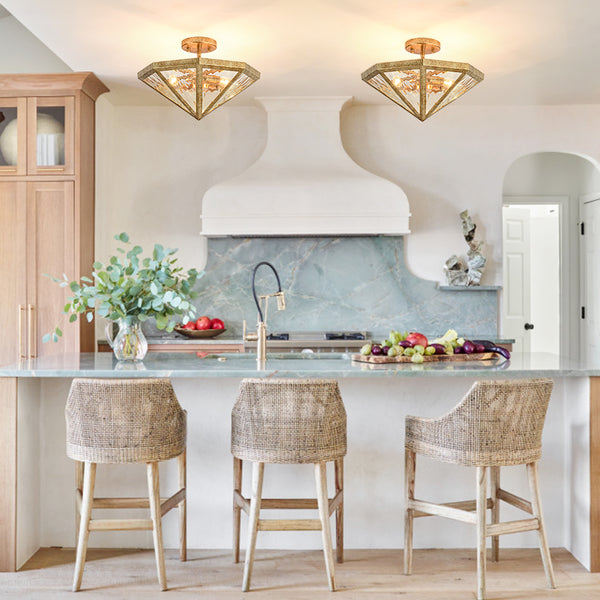 3-Light Rusty Gold Ripple Glass Pyramid Semi-flush Mount