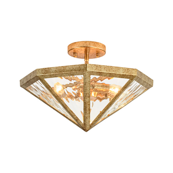 3-Light Rusty Gold Ripple Glass Pyramid Semi-flush Mount