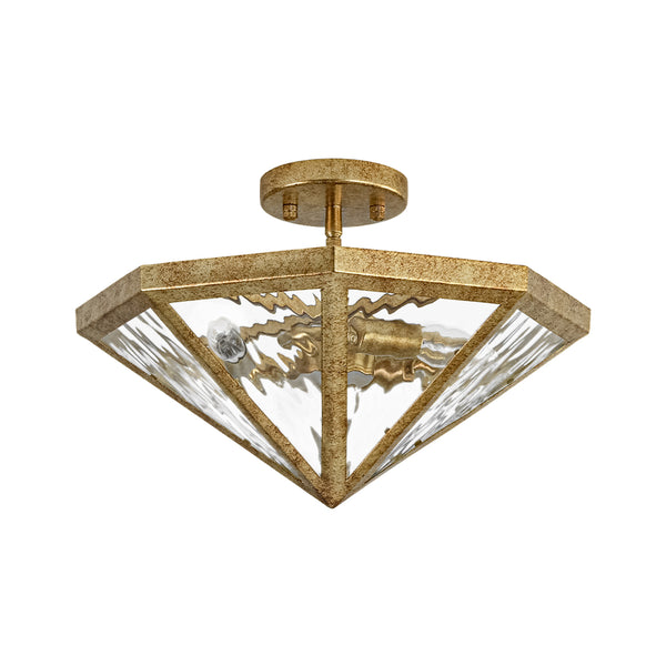 3-Light Rusty Gold Ripple Glass Pyramid Semi-flush Mount