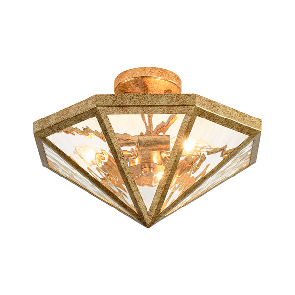 3-Light Rusty Gold Ripple Glass Pyramid Semi-flush Mount