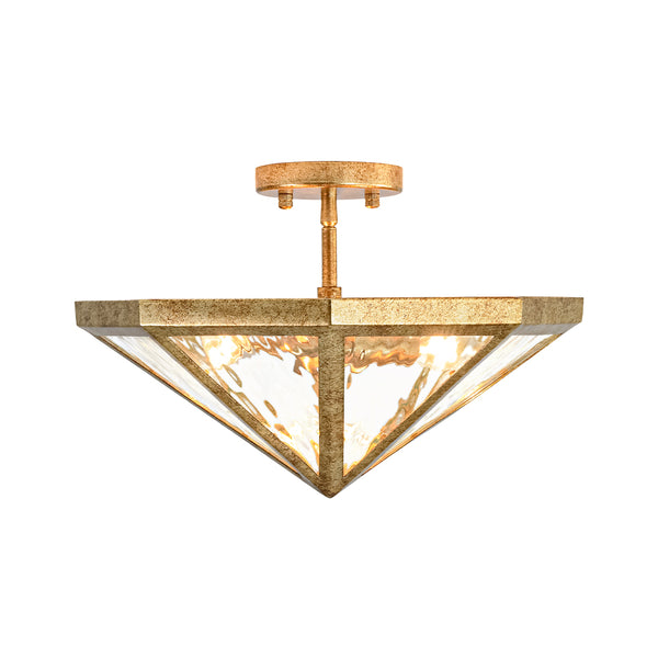 3-Light Rusty Gold Ripple Glass Pyramid Semi-flush Mount