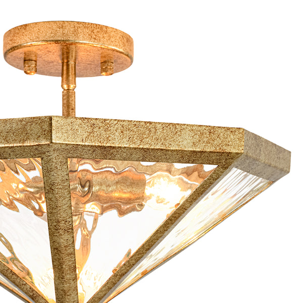 3-Light Rusty Gold Ripple Glass Pyramid Semi-flush Mount