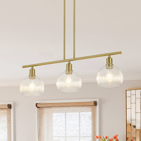 3-Light Brass Ribbed Glass Globe Island Pendant