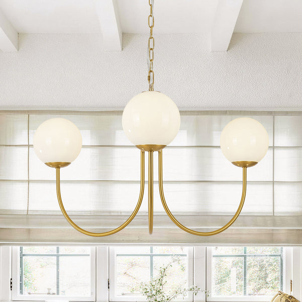 3-Light Polished Opal Glass Arched Metal Arm Radial Chandelier