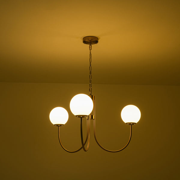 3-Light Polished Opal Glass Arched Metal Arm Radial Chandelier
