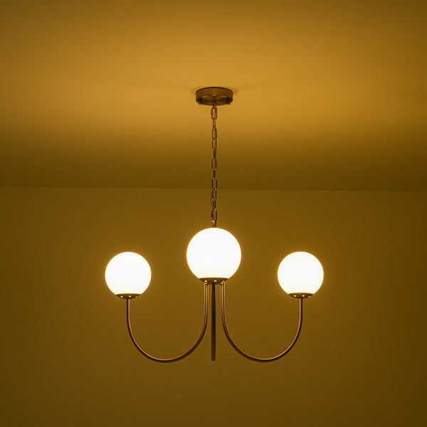 3-Light Polished Opal Glass Arched Metal Arm Radial Chandelier