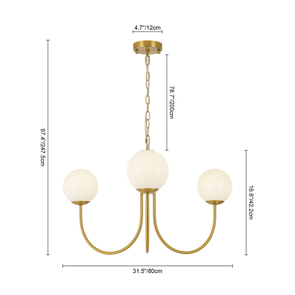 3-Light Polished Opal Glass Arched Metal Arm Radial Chandelier