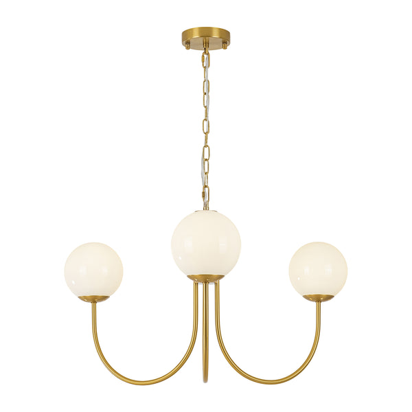 3-Light Polished Opal Glass Arched Metal Arm Radial Chandelier