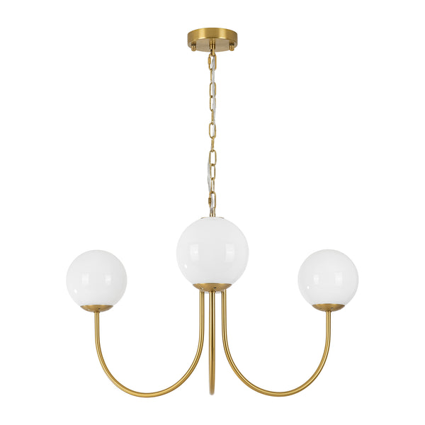 3-Light Polished Opal Glass Arched Metal Arm Radial Chandelier