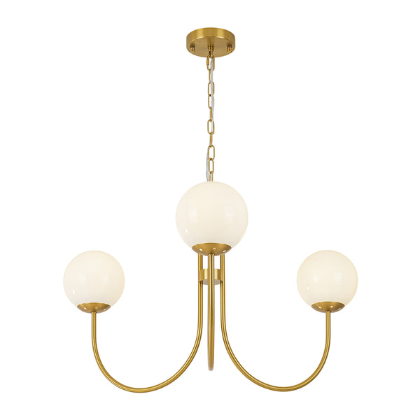 3-Light Polished Opal Glass Arched Metal Arm Radial Chandelier
