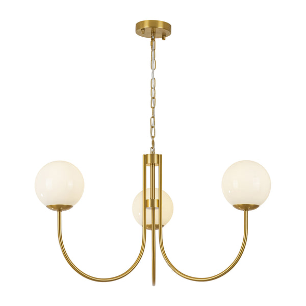 3-Light Polished Opal Glass Arched Metal Arm Radial Chandelier