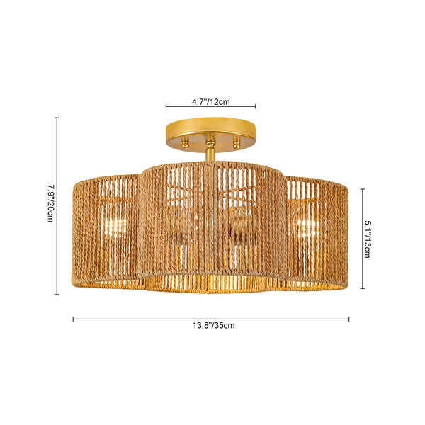 4-Lobed Raffia Yarn Woven Flower Scallop Drum Semi-flush Mount