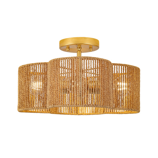 4-Lobed Raffia Yarn Woven Flower Scallop Drum Semi-flush Mount