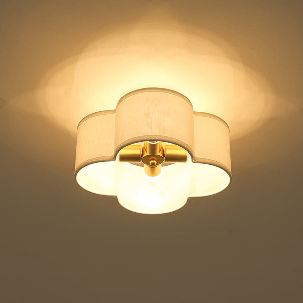 4-Lobed White Linen Flower Scallop Drum Semi-flush Mount
