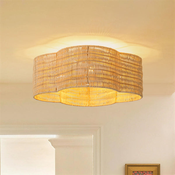 4-Lobed Scalloped Drum Rattan Semi-flush Mount