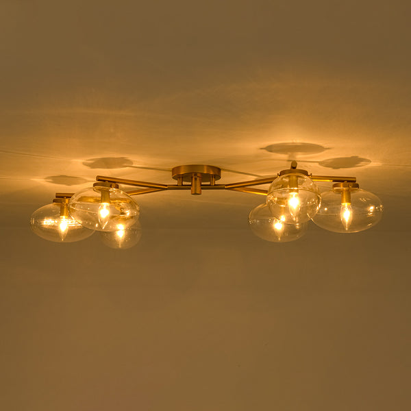 6-Light Brass Clear Ovoid Glass Branch Semi-flush Mount