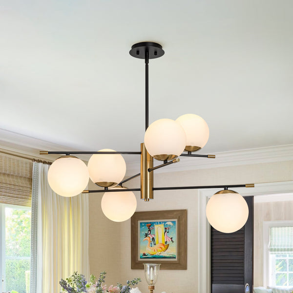 6-Light Black Brass Staggered Frosted Glass Sputnik Tiered Chandelier