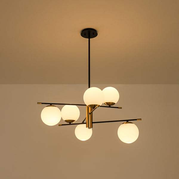 6-Light Black Brass Staggered Frosted Glass Sputnik Tiered Chandelier