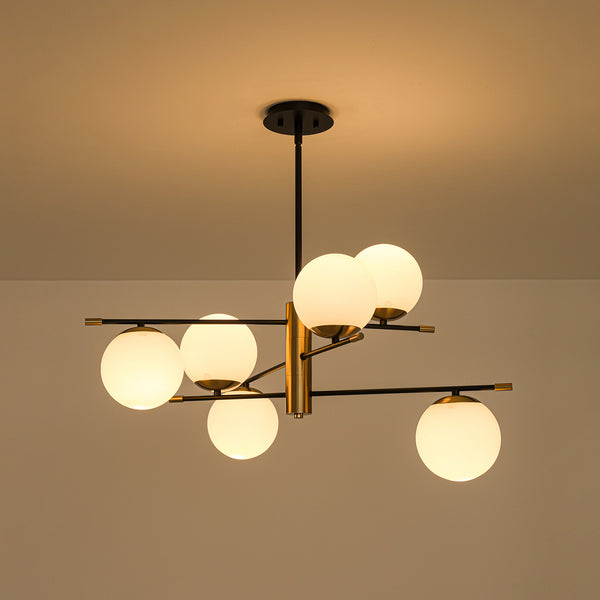 6-Light Black Brass Staggered Frosted Glass Sputnik Tiered Chandelier