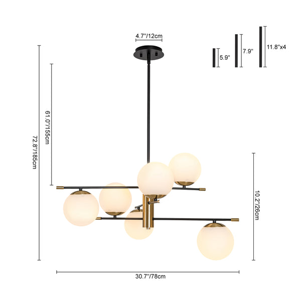 6-Light Black Brass Staggered Frosted Glass Sputnik Tiered Chandelier