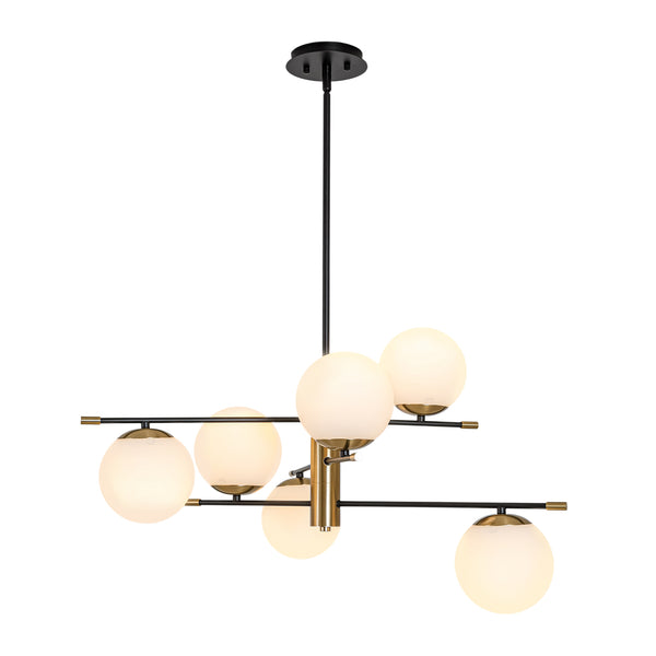 6-Light Black Brass Staggered Frosted Glass Sputnik Tiered Chandelier