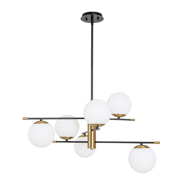 6-Light Black Brass Staggered Frosted Glass Sputnik Tiered Chandelier