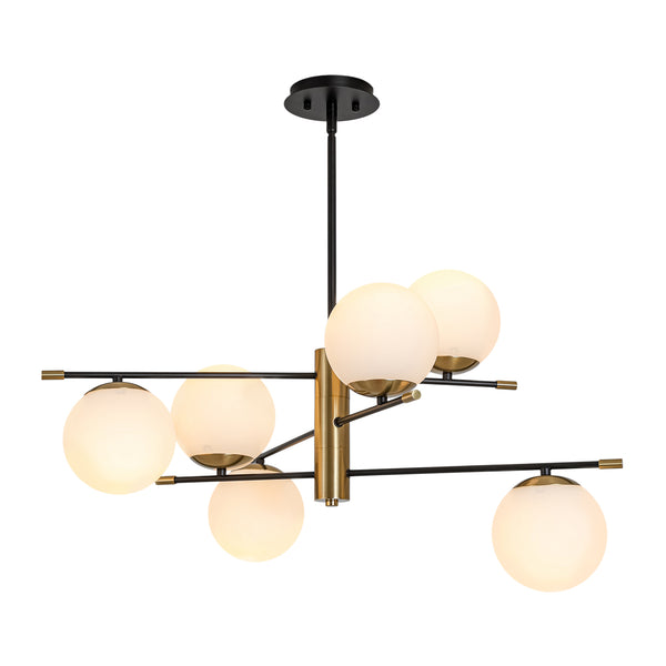 6-Light Black Brass Staggered Frosted Glass Sputnik Tiered Chandelier