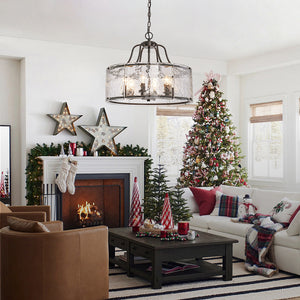 Modern Brass 6-Light Rippled Glass Drum Pendant