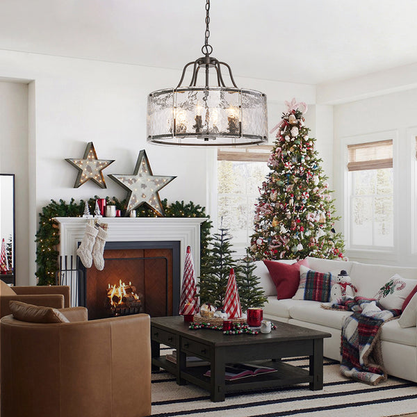 Modern Brass 6-Light Rippled Glass Drum Pendant