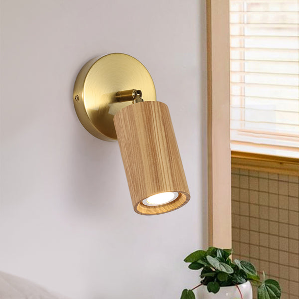 Adjustable 1-Light Spotlight Cylindrical Wood Wall Sconce