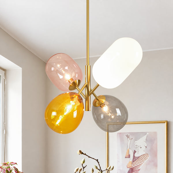 Asymmetrical 4-Light Translucent Tinted Blown Glass Sputnik Cluster Chandelier