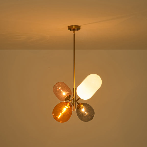 Asymmetrical 4-Light Translucent Tinted Blown Glass Sputnik Cluster Chandelier