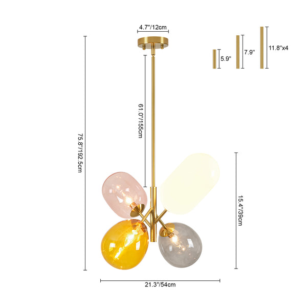 Asymmetrical 4-Light Translucent Tinted Blown Glass Sputnik Cluster Chandelier