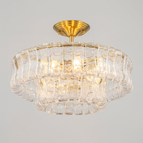 Brass 6-Light Rippled Glass Tiered Semi-Flush Mount