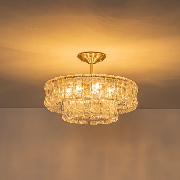 Brass 6-Light Rippled Glass Tiered Semi-Flush Mount