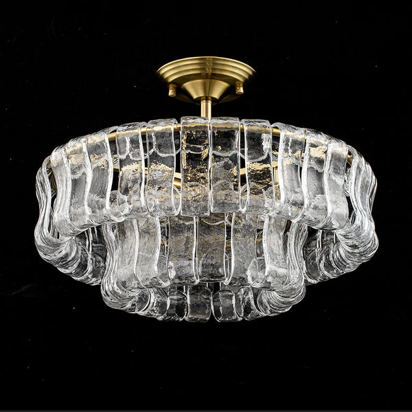 Brass 6-Light Rippled Glass Tiered Semi-Flush Mount