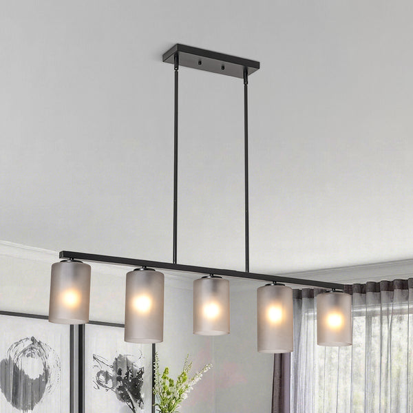Contemporary Industrial 5-Light Cylinder Striped Glass Linear Chandelier