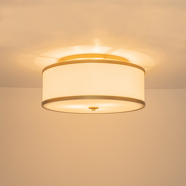 Fabric Round Drum 3-Light Brass Semi-flush Mount Glass Diffuser