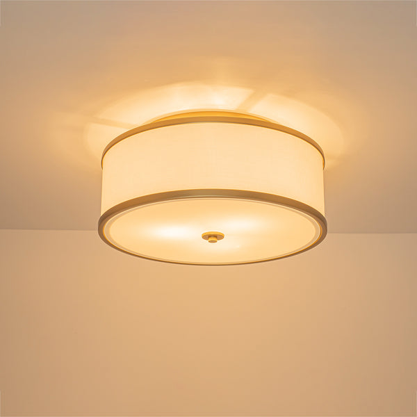 Fabric Round Drum 3-Light Brass Semi-flush Mount Glass Diffuser