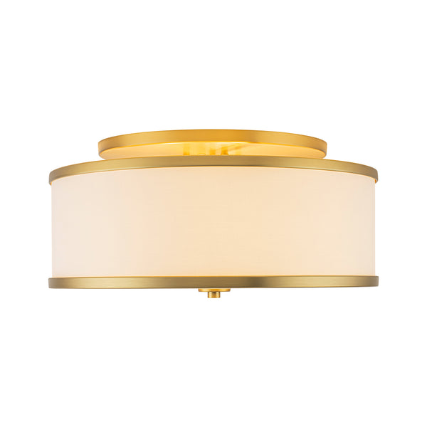 Fabric Round Drum 3-Light Brass Semi-flush Mount Glass Diffuser