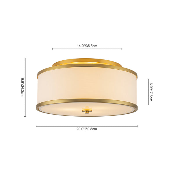 Fabric Round Drum 3-Light Brass Semi-flush Mount Glass Diffuser