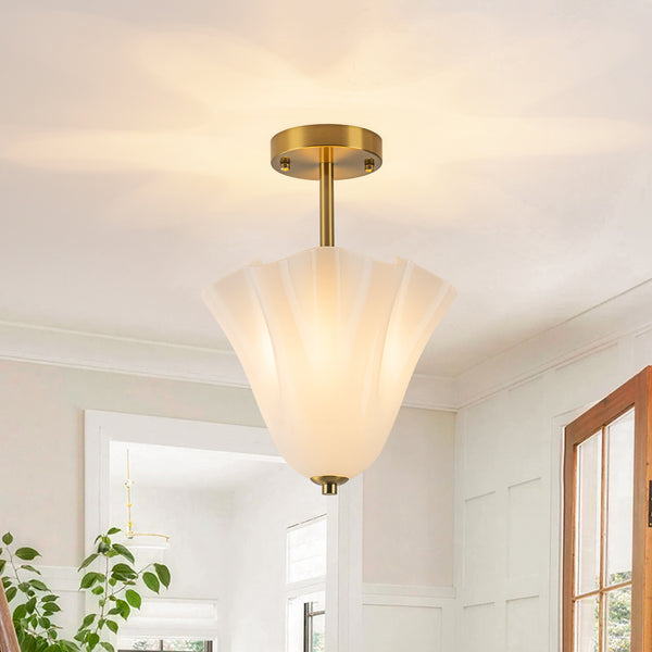 Floral Fluted Brass 2-Light Milk Glass Semi-Flush Mount
