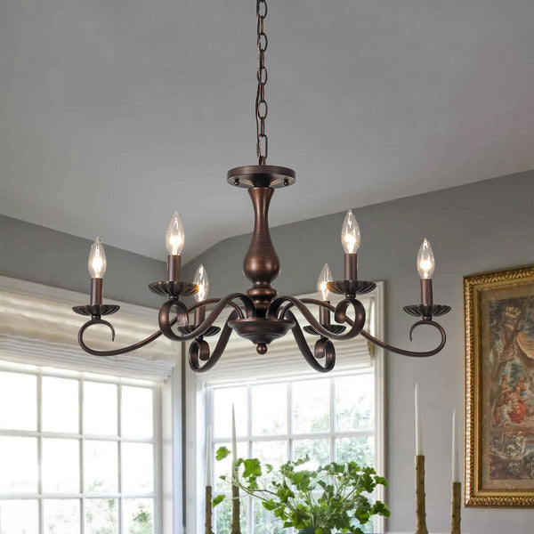 French Country 6-Light Rubbed Bronze Candle-style Semi-flush Chandelier
