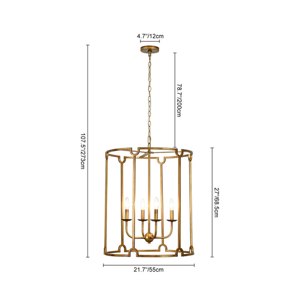 French Vintage 4-Light Cylinder Framed Lantern Pendant